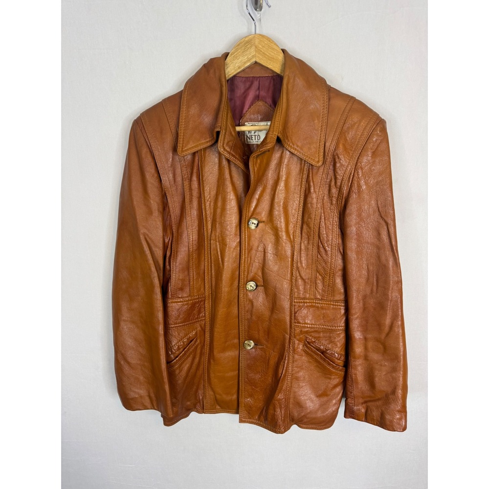 70s‎ Neto Vintage Cognac Brown Leather Jacket Blazer Made in Canada Women M